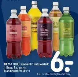 REMA 1000 REMA 1000 sukkerfri læskedrik 1 liter. Ex. pant tilbud