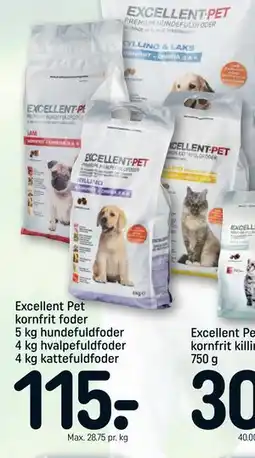REMA 1000 Excellent Pet kornfrit foder 5 kg hundefuldfoder 4 kg hvalpefuldfoder 4 kg kattefuldfoder tilbud
