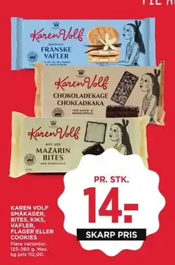 MENY KAREN VOLF SMÅKAGER, BITES, KIKS, VAFLER, FLAGER ELLER COOKIES tilbud