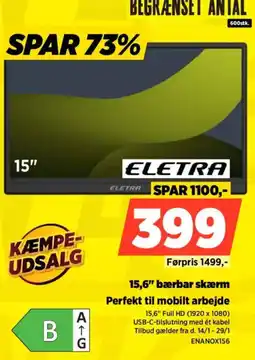 Power Eletra 15,6" bærbar skærm Perfekt til mobilt arbejde tilbud
