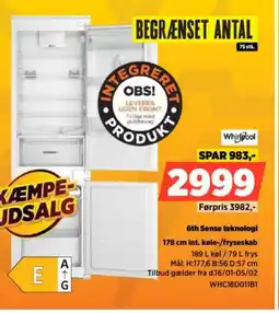 Power Whirlpool 178 cm int. køle-/fryseskab WHC18D011B1 tilbud