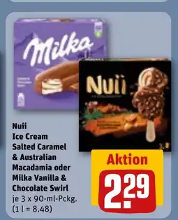 REWE DE Nuii Ice Cream Salted Caramel & Australian Macadamia oder Milka Vanilla & Chocolate Swirl tilbud