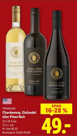 Lidl FRANKLINS Chardonnay, Zinfandel eller Pinot Noir tilbud