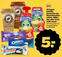 Netto Gropper iskaffe, Danonino Go, Munchmallow snitte, Milka bar eller Oreo milk snack tilbud
