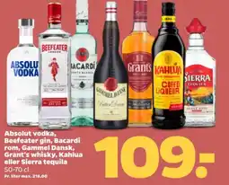 Netto Absolut vodka, Beefeater gin, Bacardi rom, Gammel Dansk, Grant's whisky, Kahlua eller Sierra tequila tilbud