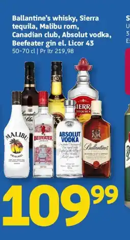 Løvbjerg Ballantine's whisky, Sierra tequila, Malibu rom, Canadian club, Absolut vodka,Beefeater gin el. Licor 43 tilbud