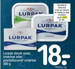REMA 1000 Lurpak dansk smør, smørbar eller plantebaseret smørbar 200 g tilbud