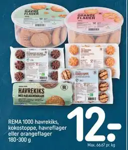 REMA 1000 REMA 1000 havrekiks, kokostoppe, havreflager eller orangeflager 180-300 g tilbud