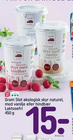REMA 1000 Gram Slot økologisk skyr naturel, med vanilje eller hindbær Laktosefri 450 g tilbud