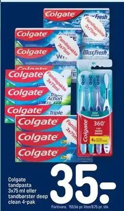 REMA 1000 Colgate tandpasta 3x75 ml eller tandbørster deep clean 4-pak tilbud