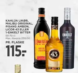 MENY KAHLÚA LIKØR, MALIBU ORIGINAL, PISANG AMBON, LICOR 43 ELLER 1-ENKELT BITTER tilbud