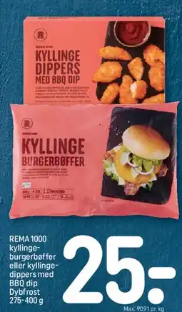 REMA 1000 Kyllinge burgerbøffer eller kyllinge dippers med BBQ dip tilbud