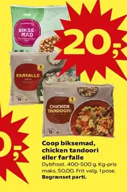 SuperBrugsen Coop biksemad, chicken tandoori eller farfalle tilbud