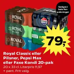SuperBrugsen Royal Classic / Pepsi Max / Faxe Kondi 20-pak tilbud