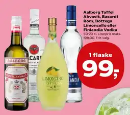 Kvickly Aalborg Taffel Akvavit, Bacardi Rom, Bottega Limoncello eller Finlandia Vodka tilbud