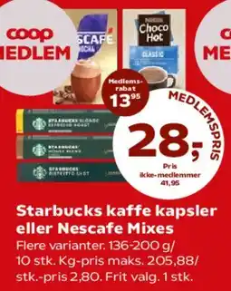 Kvickly Starbucks kaffe kapsler eller Nescafé Mixes tilbud