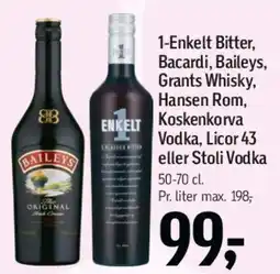 Føtex 1-Enkelt Bitter, Bacardi, Baileys, Grants, Hansen Rom, Koskenkorva, Licor 43 eller Stolichnaya tilbud