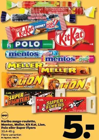 Netto Haribo Mega-Roulette, Mentos, Meller, Kit Kat, Loin, Polo Eller Super Flyers 33,4-45g tilbud