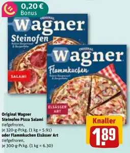 REWE DE Original Wagner Steinofen Pizza Salami oder Flammkuchen Elsässer Art tilbud