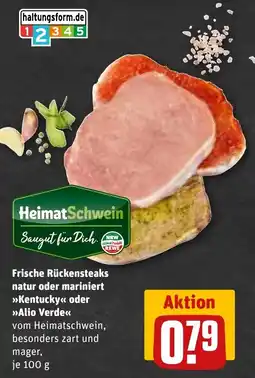 REWE DE Frische Rückensteaks natur oder mariniert Kentucky oder Alio Verde tilbud
