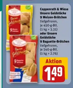REWE DE Coppenrath & Wiese Unsere Goldstücke 9 Weizen-Brötchen oder Unsere Goldstücke 9 Baguette-Brötchen tilbud