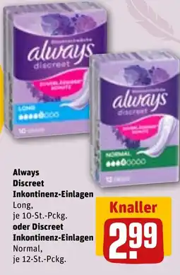REWE DE Always Discreet Inkontinenz-Einlagen oder Discreet Inkontinenz-Einlagen tilbud