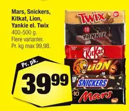 Calle Mars, Snickers, Kitkat, Lion, Yankie el. Twix tilbud