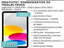 CBC Apple iPad 11 128GB WIFI + eSIM (Cellular) Silver (2025) Refurbished - Grade B tilbud