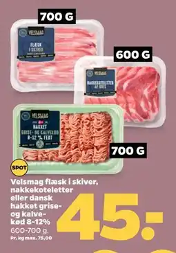 Netto Velsmag flæsk i skiver, nakkekoteletter eller dansk hakket grise- og kalvekød 8-12% tilbud