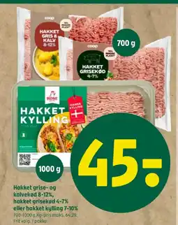 Coop 365 Hakket grise- og kalvekød 8-12%, hakket grisekød 4-7% eller hakket kylling 7-10% tilbud