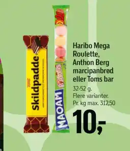 Føtex Haribo Mega Roulette, Anthon Berg marcipanbrod eller Toms bar tilbud