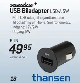 Thansen USB Biladapter USB-A 5W tilbud
