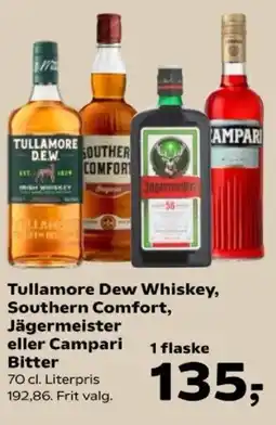 Kvickly Tullamore Dew Whiskey, Southern Comfort, Jägermeister eller Campari Bitter tilbud