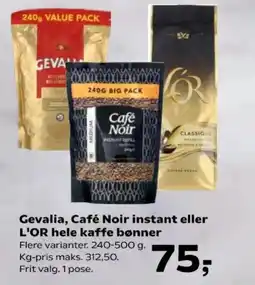 Kvickly Gevalia, Café Noir instant eller L'OR hele kaffe bønner tilbud