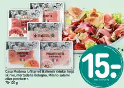 REMA 1000 Casa Modena lufttørret italiensk skinke, kogt skinke, mortadella Bologna, Milano salami eller porchetta tilbud
