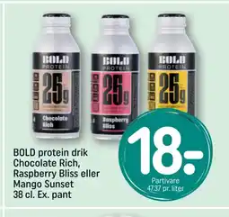 REMA 1000 BOLD protein drik Chocolate Rich, Raspberry Bliss eller Mango Sunset Ex. pant tilbud