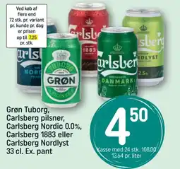 REMA 1000 Grøn Tuborg, Carlsberg pilsner, Carlsberg Nordic 0.0%, Carlsberg 1883 eller Carlsberg Nordlyst Ex. pant tilbud