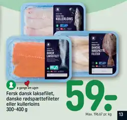 REMA 1000 Fersk dansk laksefilet, danske rødspættefileter eller kullerloins tilbud