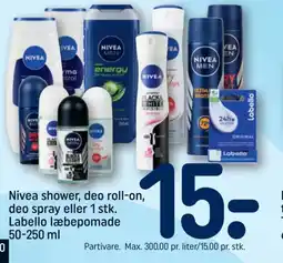 REMA 1000 Nivea shower, deo roll-on, deo spray eller 1 stk. Labello læbepomade tilbud
