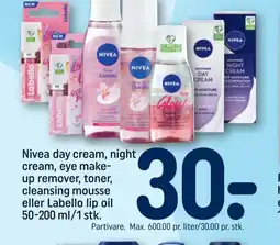 REMA 1000 Nivea day cream, night cream, eye make- up remover, toner, cleansing mousse eller Labello lip oil tilbud