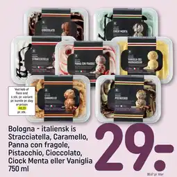 REMA 1000 Bologna italiensk is Stracciatella, Caramello, Panna con fragole, Pistacchio, Cioccolato, Ciock Menta eller Vaniglia tilbud