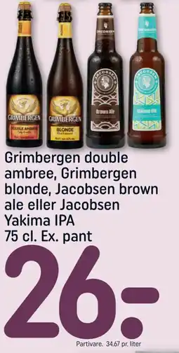 REMA 1000 Grimbergen double ambree, Grimbergen blonde, Jacobsen brown ale eller Jacobsen Yakima IPA Ex. pant tilbud