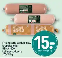 REMA 1000 Frilandsgris sardelpølse, kropølse eller REMA 1000 kyllingekødpølse 175-191 g tilbud
