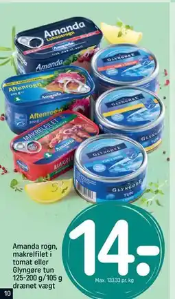 REMA 1000 Amanda rogn, makrelfilet i tomat eller Glyngøre tun 125-200 g/105 g drænet vægt tilbud