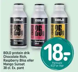 REMA 1000 BOLD protein drik Chocolate Rich, Raspberry Bliss eller Mango Sunset 38 cl. Ex. pant tilbud