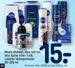 REMA 1000 Nivea shower, deo roll-on, deo spray eller 1 stk. Labello læbepomade 50-250 ml tilbud