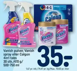 REMA 1000 Vanish pulver, Vanish spray eller Calgon 4in1 tabs 30 stk./470 g/ 500-750 ml tilbud