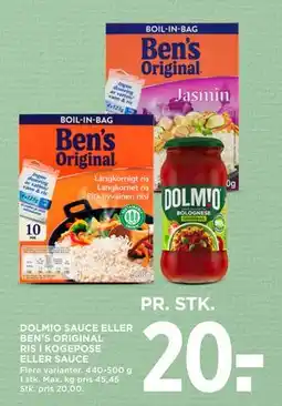 MENY DOLMIO SAUCE ELLER BEN’S ORIGINAL RIS I KOGEPOSE ELLER SAUCE tilbud