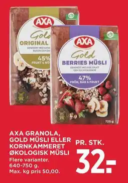MENY AXA GRANOLA, GOLD MÜSLI ELLER KORNKAMMERET ØKOLOGISK MÜSLI tilbud