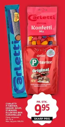 MENY CARLETTI P-TÆRTER, DRAGÉ, SKUM, STÆNGER ELLER BIG BEN KARAMELLER tilbud